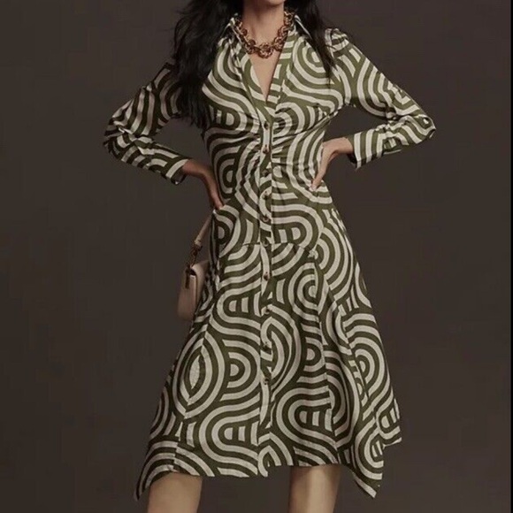 Anthropologie Dresses & Skirts - NWT By Anthropologie Long Sleeve Poplin Button Down green and white shirt dress